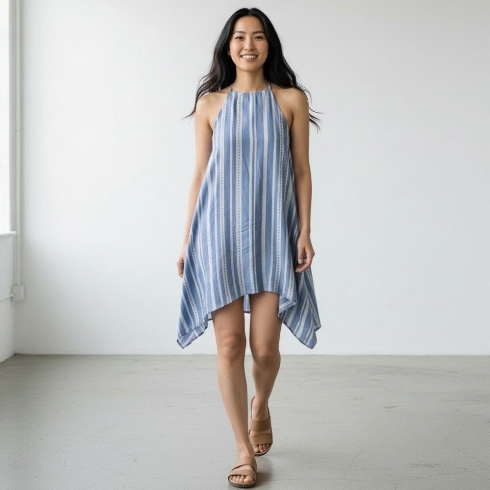 West Loop Dress Large Blue Stripe Halter A Line Handkerchief Hem Boho